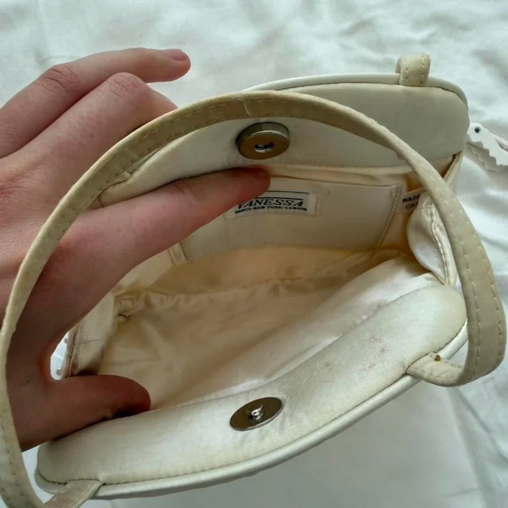 Vintage Cream Pearl Studded Satin Evening Handbag